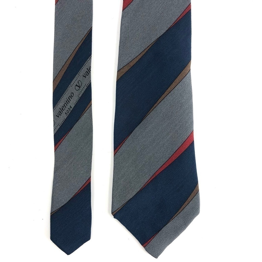 Valentino Italy Neck Tie Monogram Logo Blue Gray Red Stripe One Size
